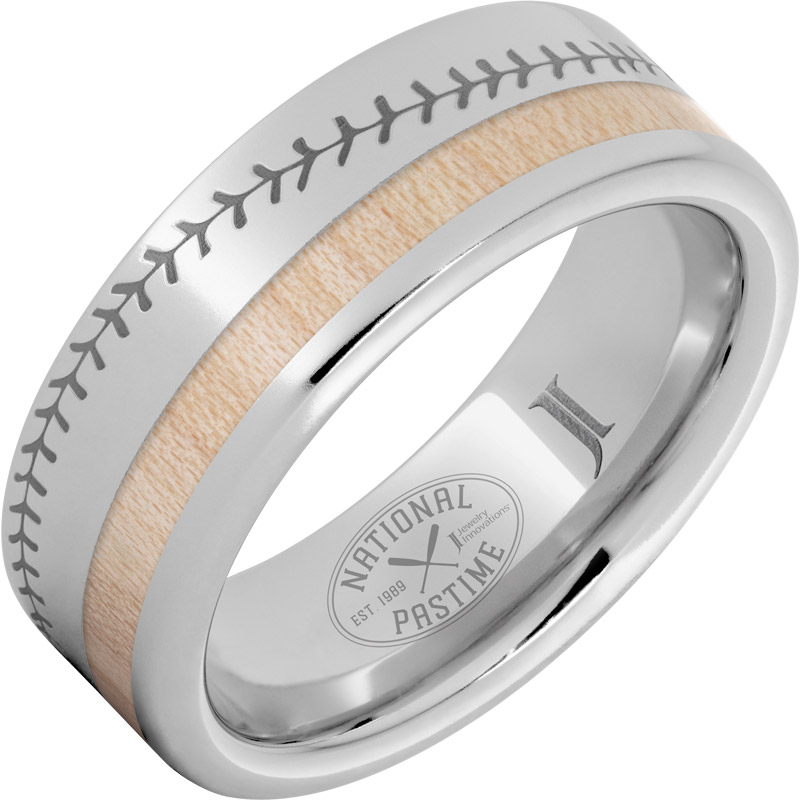 National Pastime Collection - Serinium?Ring with Maple Vintage Baseball Bat Wood Inlay and Baseball Stitch Engraving