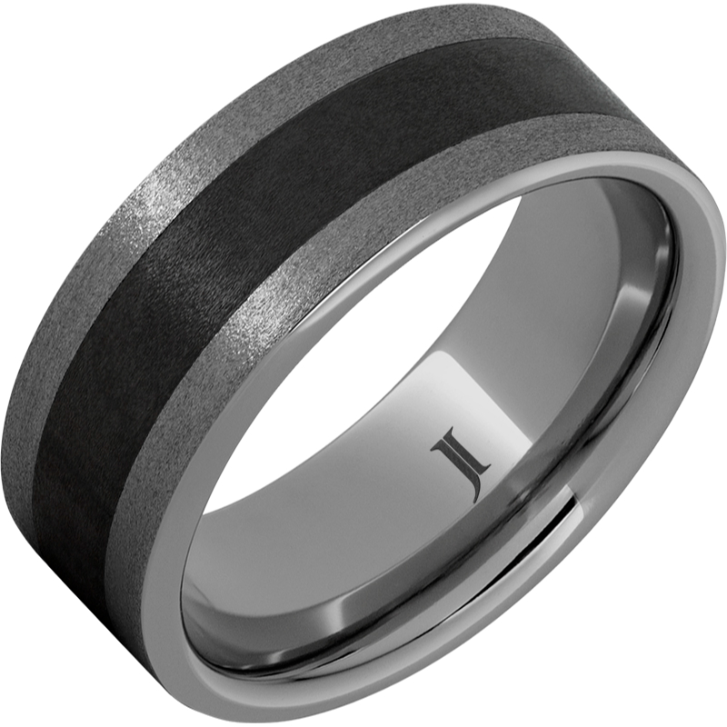 Rugged Tungsten - Ring With Black Ceramic Inlay and Stone Finish