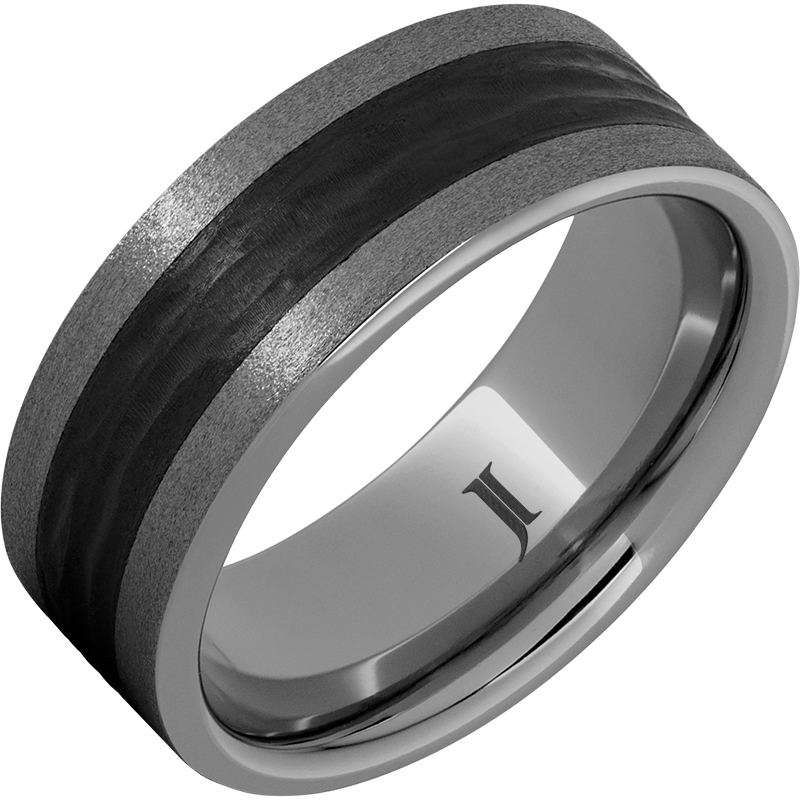 Rugged Tungsten - Ring With Bark Carved Black Ceramic Inlay and Stone Finish