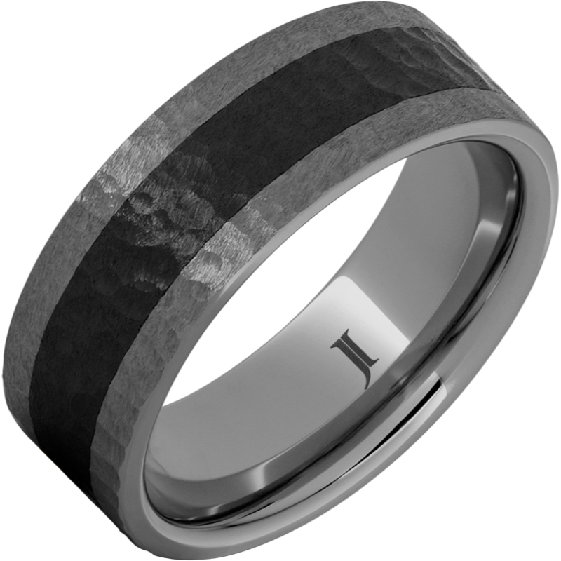 Rugged Tungsten - Ring With Black Ceramic Inlay and Hand Carved Hammer Finish