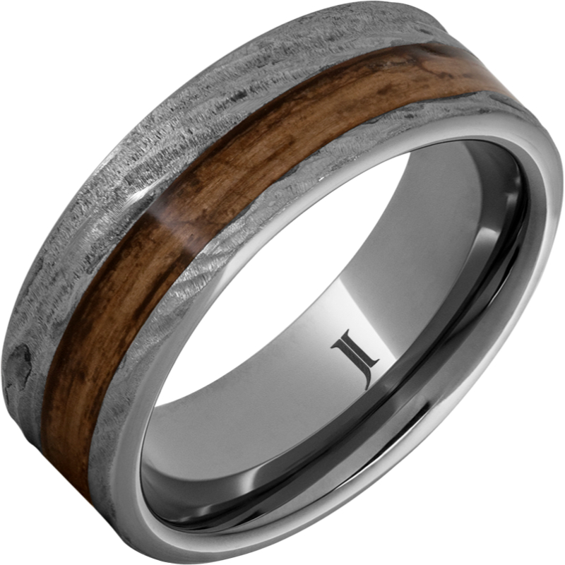 Barrel Aged - Rugged Tungsten - Ring with Bourbon Wood Inlay and Bark Finish