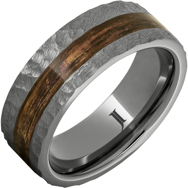 Barrel Aged - Rugged Tungsten - Ring with Bourbon Wood Inlay and Moon Crater Carving