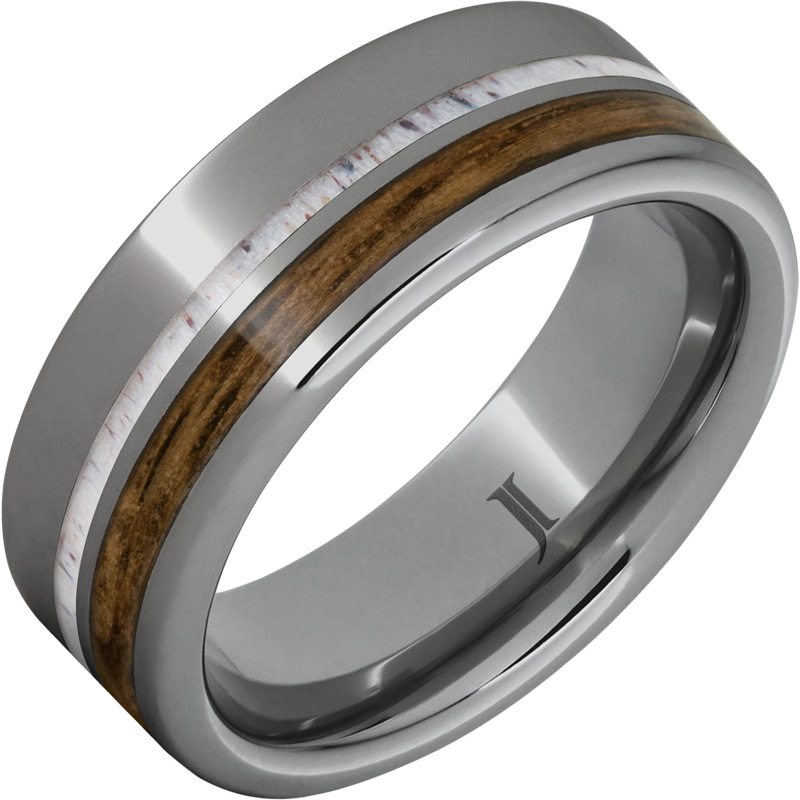 Barrel Aged - Rugged Tungsten - Ring with Bourbon Wood and Deer Antler Inlays