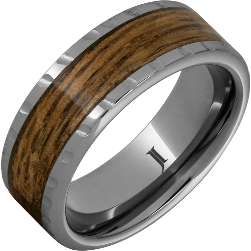 Barrel Aged - Rugged Tungsten - Ring with Bourbon Wood Inlay and Scored Edge