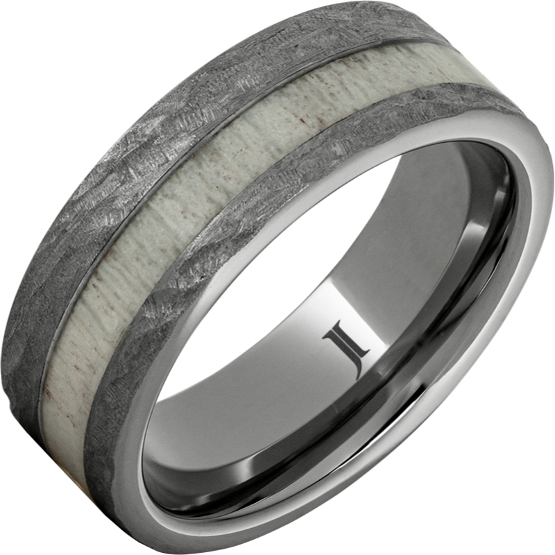 Rugged Tungsten - Ring with Antler Inlay and Treebark Finish