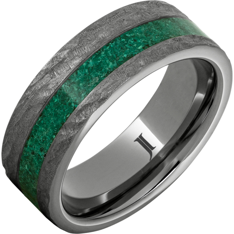 Rugged Tungsten - Ring with Malachite Inlay and Bark Finish