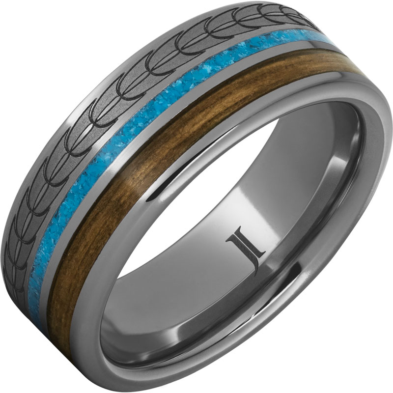 Barrel Aged™ Rugged Tungsten Ring with Turquoise and Bourbon Inlays