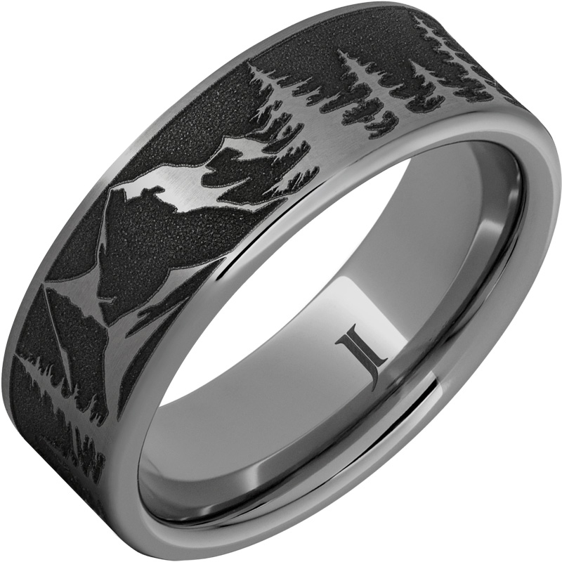 Rugged Tungsten - Mountain Pine Forest Scene Ring