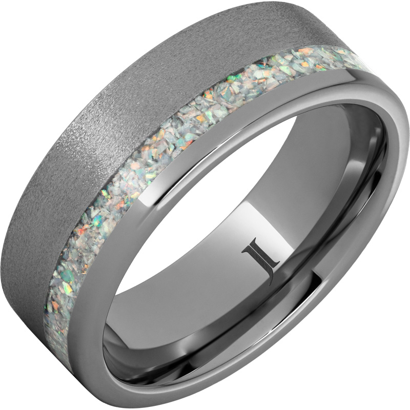 Rugged Tungsten - Ring with Opal Inlay and Stone Finish