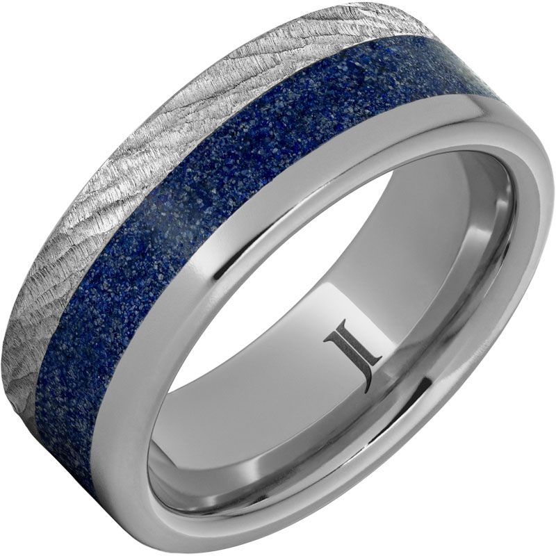 Rugged Tungsten - Ring with Lapis Lazuli Inlay and Bark Finish