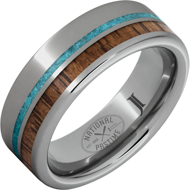 National Pastime Collection - Rugged Tungsten - Ring with Hickory Vintage Baseball Bat Wood and Turquoise Inlays