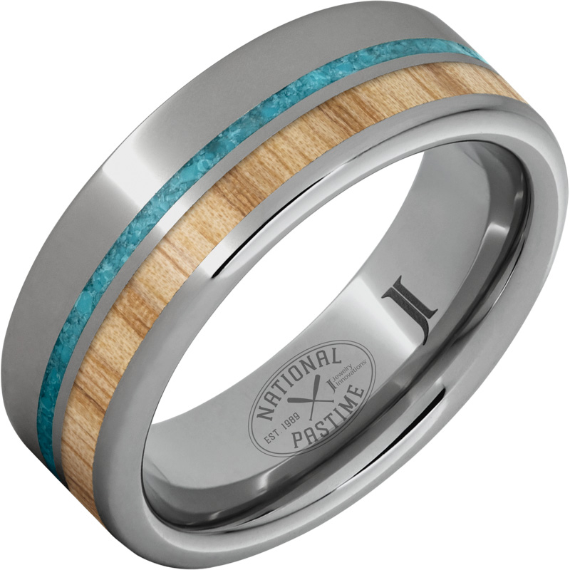 National Pastime Collection - Rugged Tungsten - Ring with White Ash Vintage Baseball Bat Wood and Turquoise Inlays