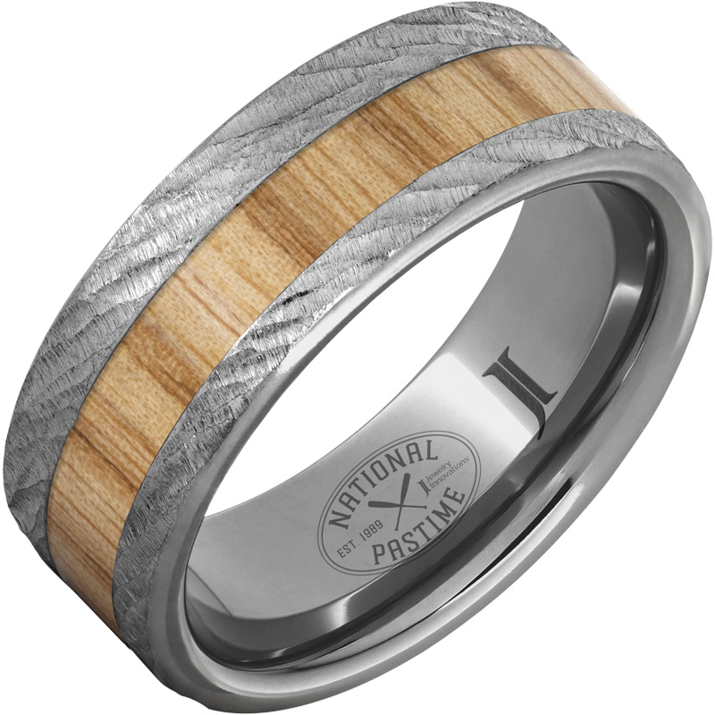 National Pastime Collection - Rugged Tungsten - Ring with White Ash Vintage Baseball Bat Wood Inlay and Bark Finish