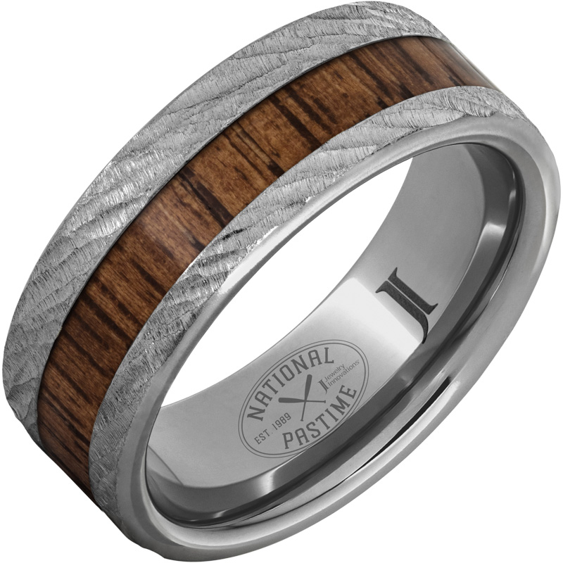 National Pastime Collection - Rugged Tungsten - Ring with Hickory Vintage Baseball Bat Wood Inlay and Bark Finish