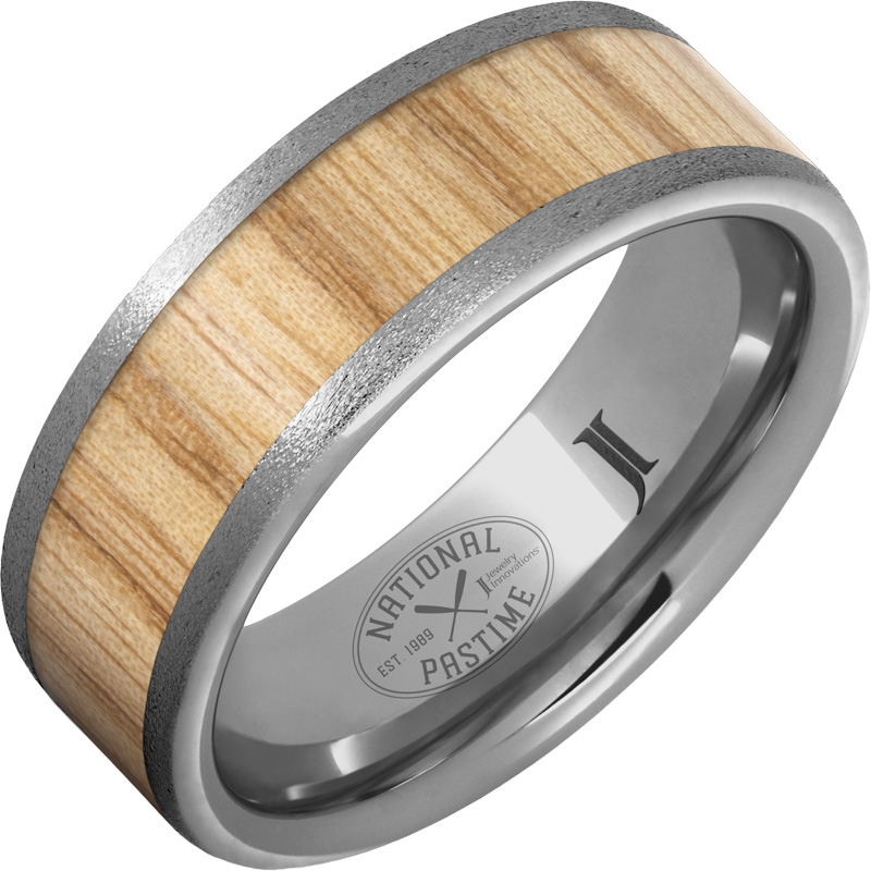 National Pastime Collection - Rugged Tungsten - Ring with White Ash Vintage Baseball Bat Wood Inlay and Stone Finish