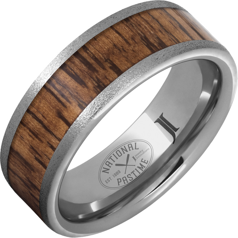 National Pastime Collection - Rugged Tungsten - Ring with Hickory Vintage Baseball Bat Wood Inlay and Stone Finish