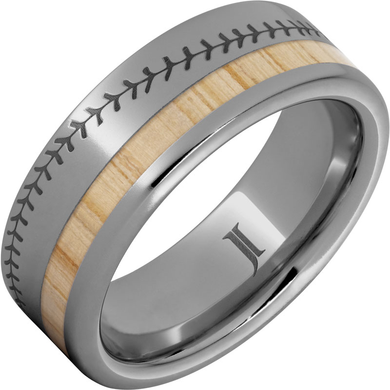 National Pastime Collection - Rugged Tungsten - Ring with White Ash Vintage Baseball Bat Wood Inlay and Baseball Stitch Engraving