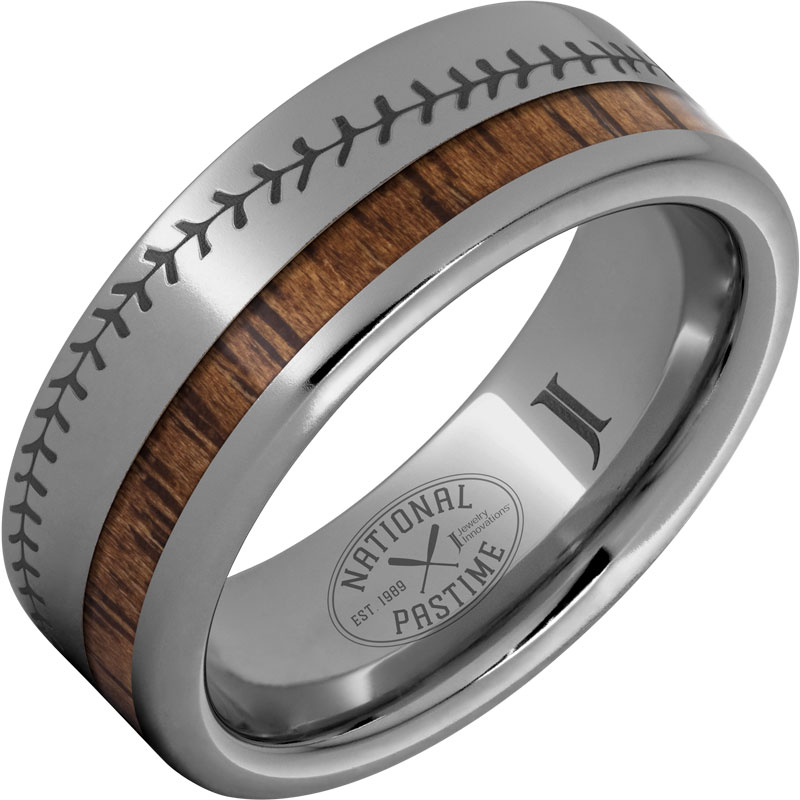 National Pastime Collection - Rugged Tungsten - Ring with Hickory Vintage Baseball Bat Wood and Baseball Stitch Engraving